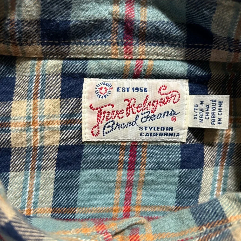 True Religion Western Shirt Mens XL Blue Plaid Flannel Pearl Snap MP4BV92VR